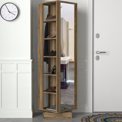 Mobile ingresso in legno girevole ad angolo color noce scuro opaco con specchio e appendiabiti 