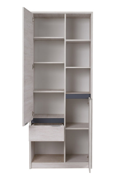 mobile libreria da salotto in legno vani a giorno e due ante in legno oak white e inserti grafite lucido