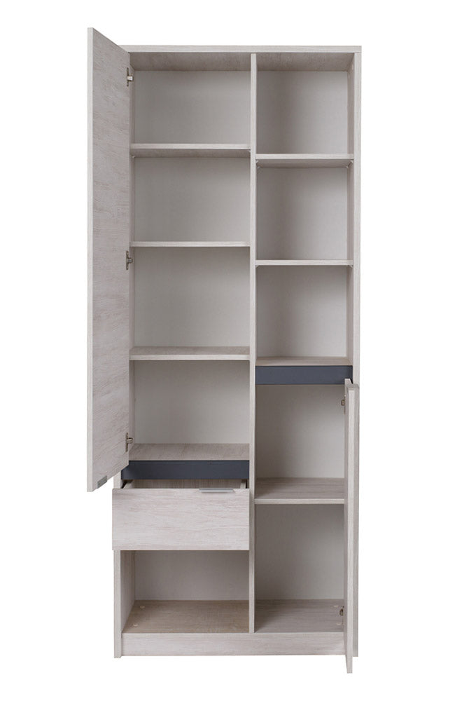 mobile libreria da salotto in legno vani a giorno e due ante in legno oak white e inserti grafite lucido