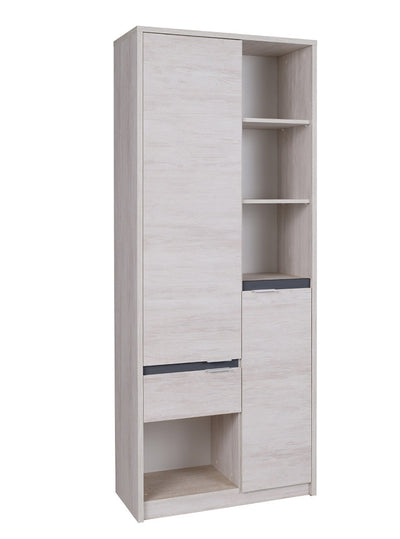 mobile libreria da salotto in legno vani a giorno e due ante in legno oak white e inserti grafite lucido