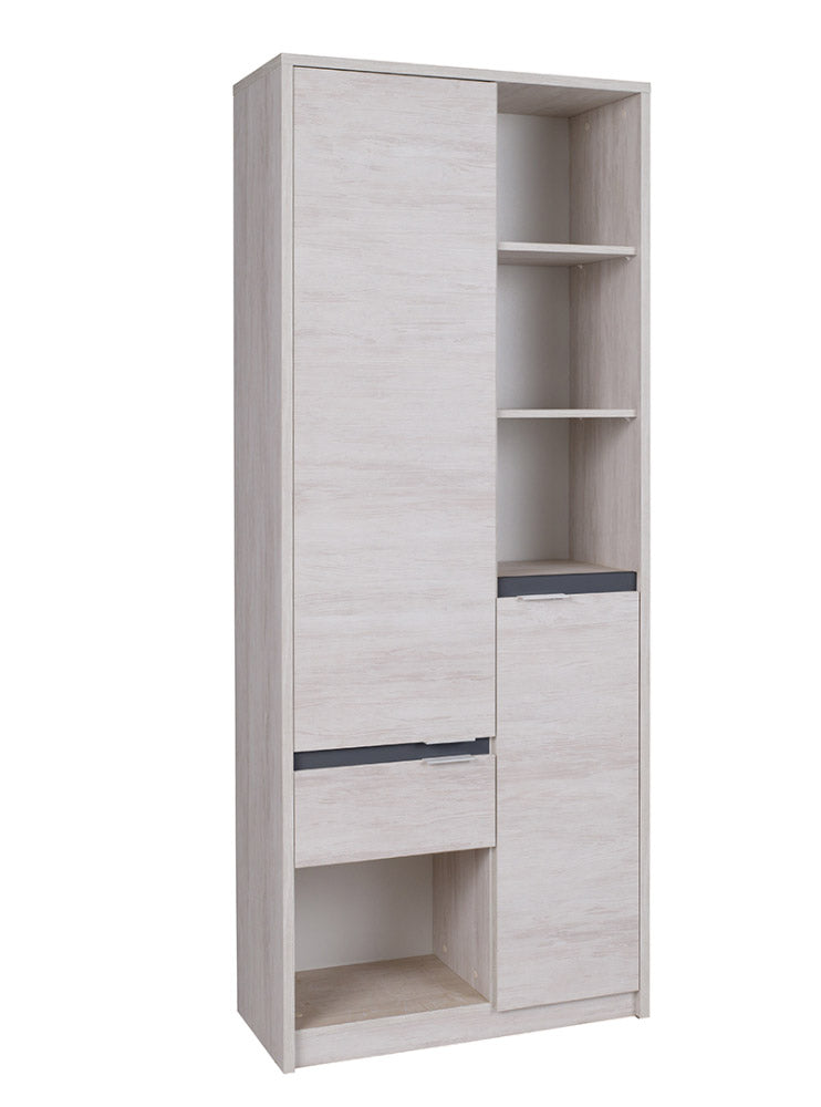 mobile libreria da salotto in legno vani a giorno e due ante in legno oak white e inserti grafite lucido