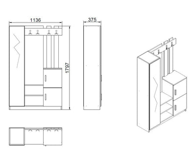 Mobile ingresso moderno con anta a specchio e appendiabiti cm 114x38x180h- vari colori