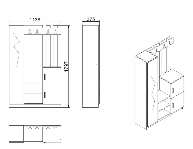 Mobile ingresso moderno con anta a specchio e appendiabiti cm 114x38x180h- vari colori