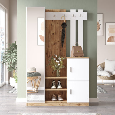 Mobile ingresso in stile moderno colori bianco opaco e pino atlantico. Un'anta a specchio a sinistra, 3 vani a giorno al centro e altre due ante in basso a destra con appendiabiti al centro