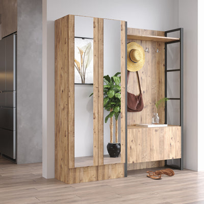 Mobile ingresso in legno con 2 ante a specchio e ganci appendiabiti cm 161x36x180h