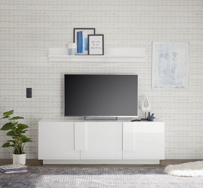 Alexander - Mobile alto porta tv da soggiorno 3 ante in legno bianco lucido cm 182x44x63h
