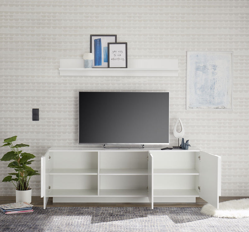 Alexander - Mobile alto porta tv da soggiorno 3 ante in legno bianco lucido cm 182x44x63h