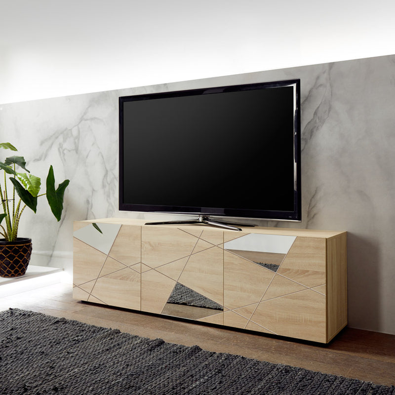 Dominik - Mobile porta tv 3 ante in legno rovere frontale serigrafato con specchi cm 181x42x57h