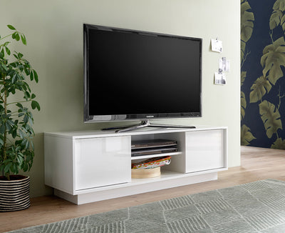 Baik - Mobile basso porta tv vano e 2 ante in legno bianco lucido cm 139x43x44h