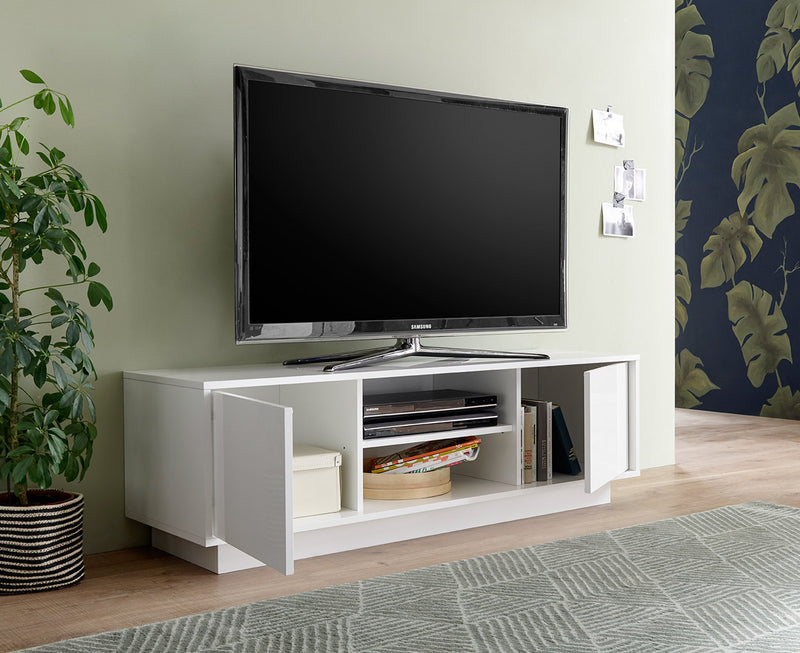 Baik - Mobile basso porta tv vano e 2 ante in legno bianco lucido cm 139x43x44h