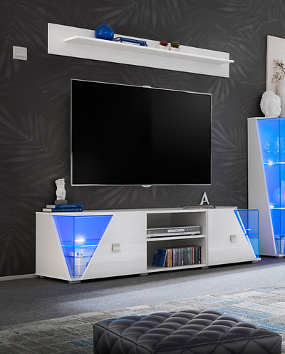Silk - Mobile porta tv in legno e vetro con luci a led blu cm 150x50x48h