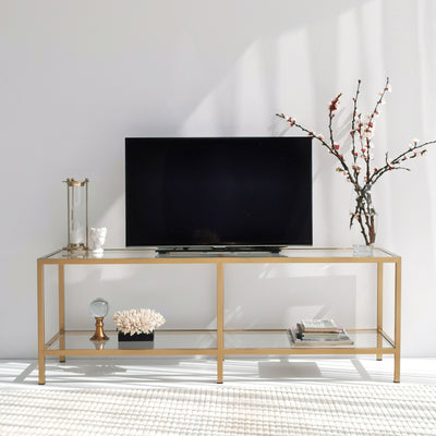 Mobile tv design con ripiani in vetro e struttura in metallo dorato cm 130x40x45h