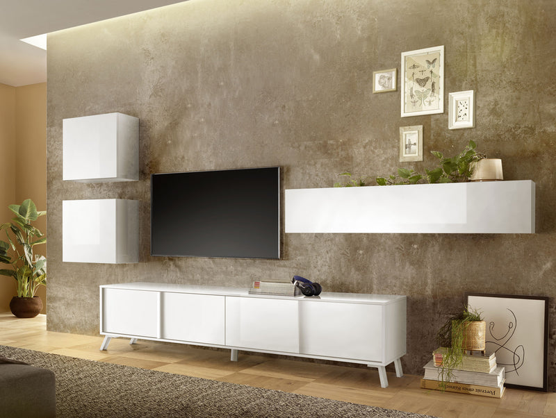Majuro - Mobile tv lungo e basso con 4 ante colore bianco lucido cm 205x40x48h
