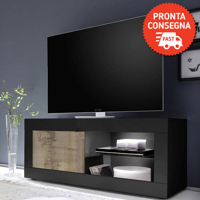 Narello - Porta tv moderno con anta e vano in legno nero e pero cm 140x43x56h