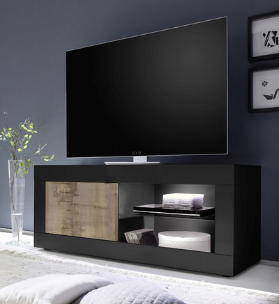 Narello - Porta tv moderno con anta e vano in legno nero e pero cm 140x43x56h