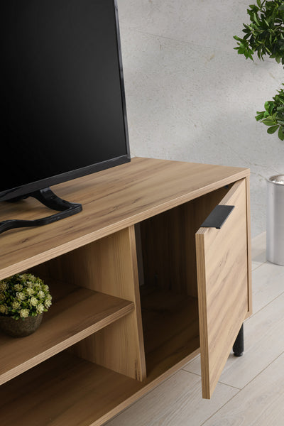 Mobile tv basso moderno 5 vani a giorno con anta in legno e metallo cm 140x40x55h