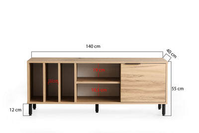 Mobile tv basso moderno 5 vani a giorno con anta in legno e metallo cm 140x40x55h