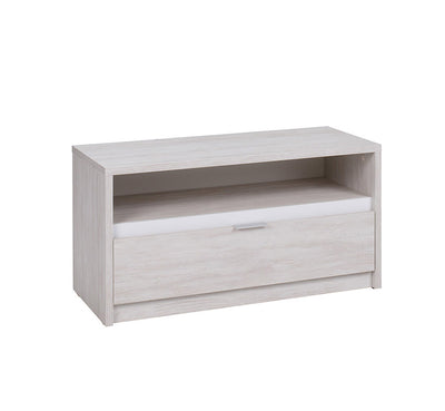 mobile basso in legno con cassetto e vano in legno oak white inserto bianco lucido