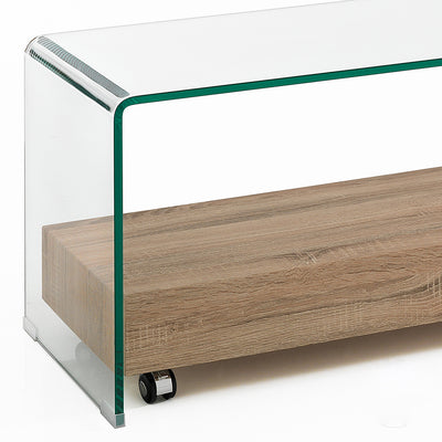 Mobile basso porta tv in vetro trasparente ripiano in legno rovere cm 130x40x45h