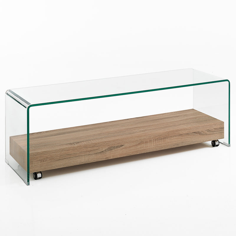 Mobile basso porta tv in vetro trasparente ripiano in legno rovere cm 130x40x45h