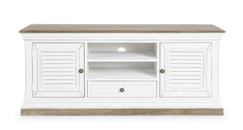 Mobile soggiorno porta tv stile classico in legno bianco e naturale cm 140x45x60h