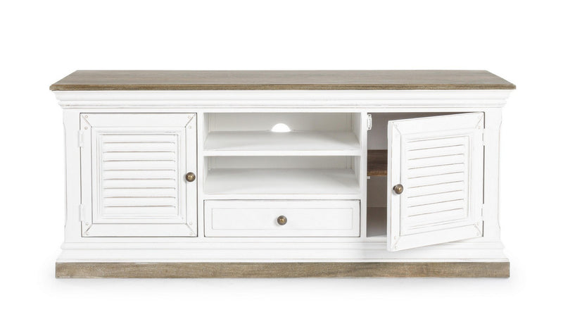 Mobile soggiorno porta tv stile classico in legno bianco e naturale cm 140x45x60h