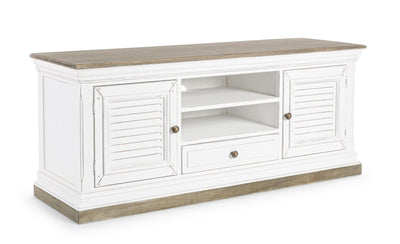 Mobile soggiorno porta tv stile classico in legno bianco e naturale cm 140x45x60h