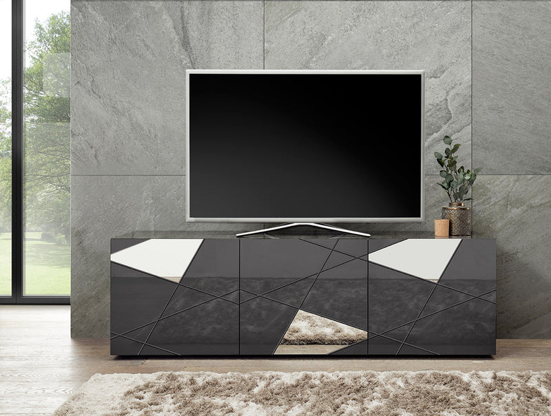 Dumas - Mobile porta tv in legno grigio lucido 3 ante con specchi cm 181x42x57h