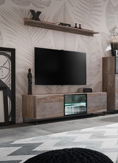 Alan - Mobile basso porta tv in legno con vetrinetta e ripiano con luci a led cm 150x45x44h