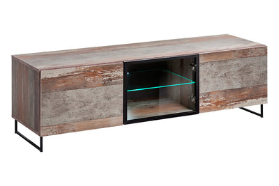 Alan - Mobile basso porta tv in legno con vetrinetta e ripiano con luci a led cm 150x45x44h