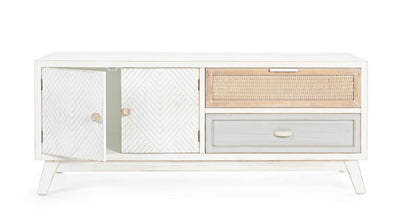 Mobile porta tv soggiorno in legno bianco inserti in rattan cm 120x40x50h