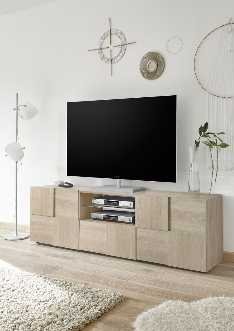 Corey - Mobile basso porta tv moderno con ante e mensola in vetro cm 181x43x57h