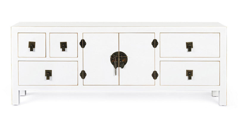 Mobile porta tv soggiorno in legno bianco con bordini dorati cm 130x24x50h