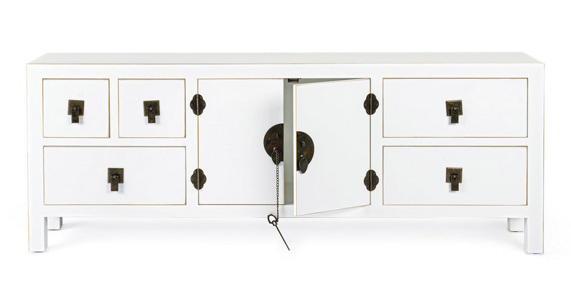 Mobile porta tv soggiorno in legno bianco con bordini dorati cm 130x24x50h