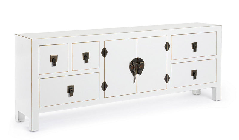 Mobile porta tv soggiorno in legno bianco con bordini dorati cm 130x24x50h