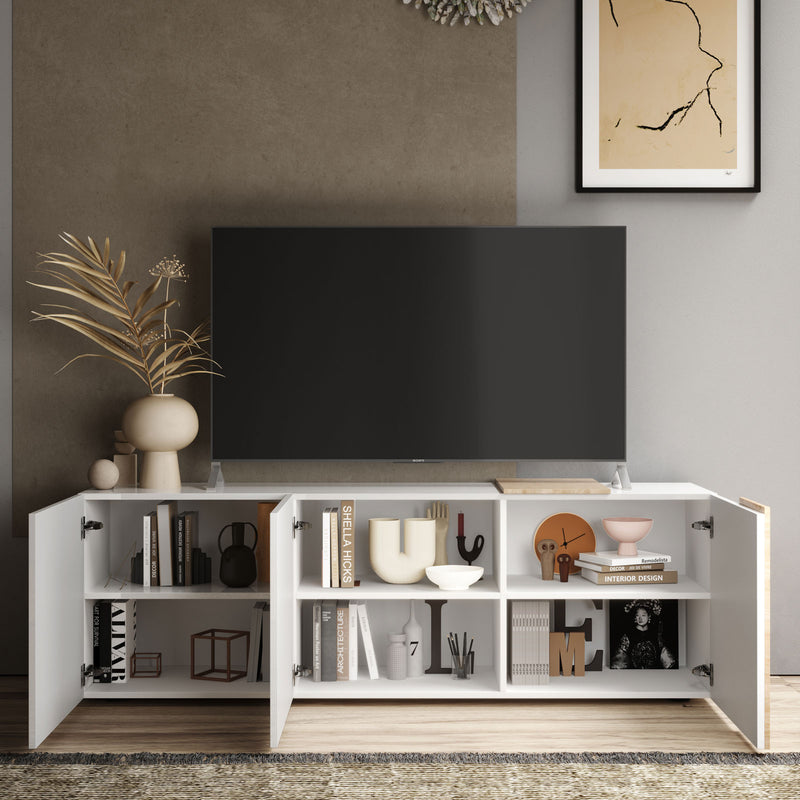 Kalam - Porta tv alto moderno 3 ante bianco lucido e rovere chiaro cm 181x44x59h
