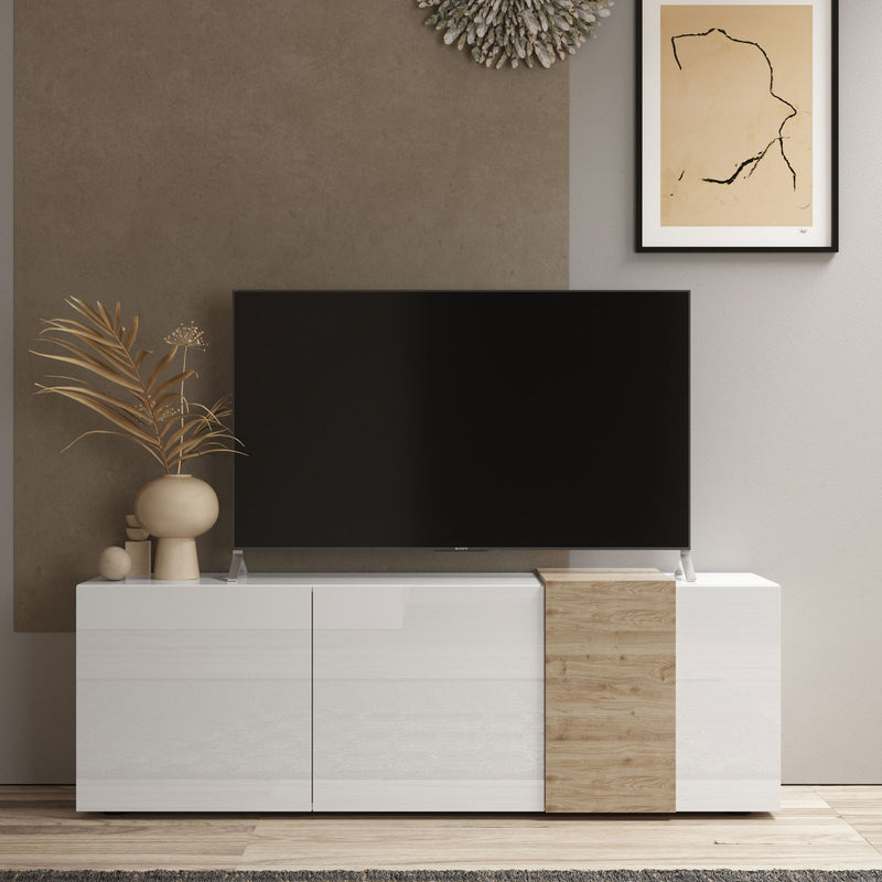 mobile tv alto 3 ante moderno bianco lucido e rovere cadiz