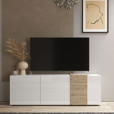 porta tv alto moderno 3 ante bianco lucido inserto rovere chiaro