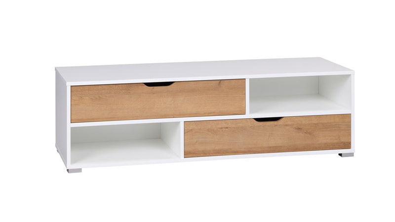 Egabel  - Porta tv basso in legno con cassetti e vani bianco e naturale cm 135x40x40h