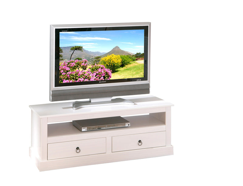 Goran - Mobile tv moderno con cassetti e ripiano in legno bianco cm 118x39x45h