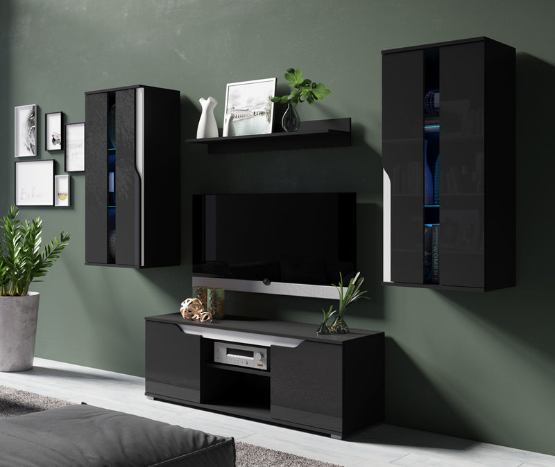 mobile basso porta tv in legno nero lucido inserto bianco lucido