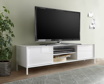 Fergus - Mobile porta tv in legno bianco lucido con ante e vani cm 184x43x50h