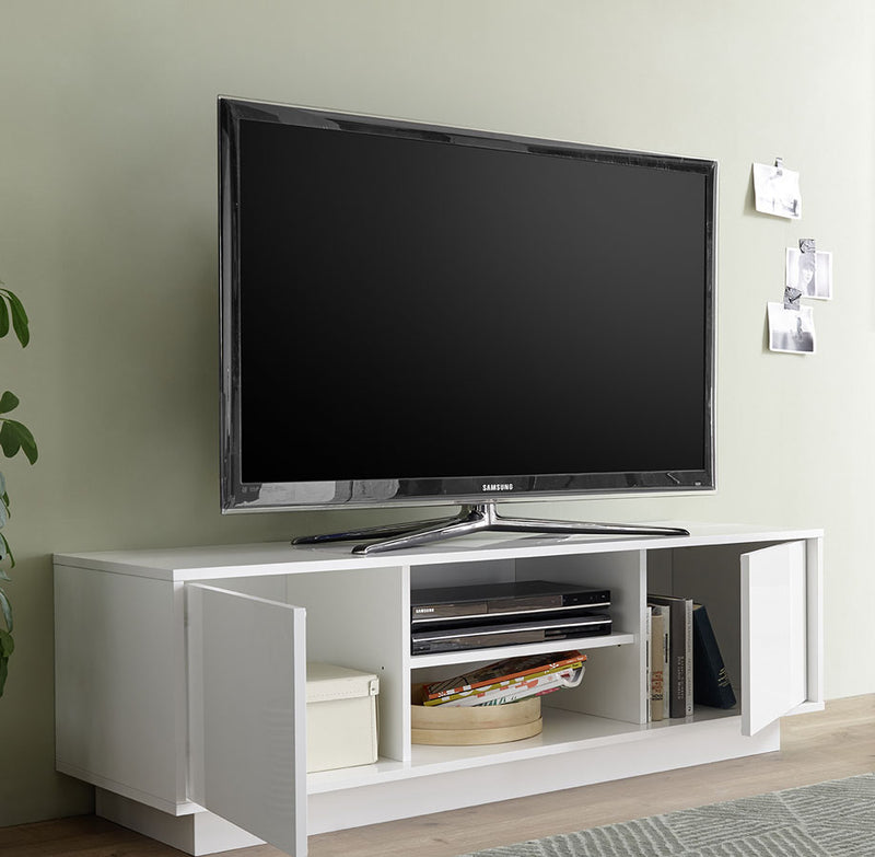 Edaly - Porta tv moderno con ante e vani centrali in legno bianco lucido cm 139x43x50h