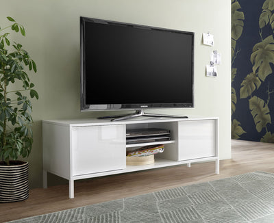 Edaly - Porta tv moderno con ante e vani centrali in legno bianco lucido cm 139x43x50h