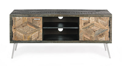 Mobile porta tv due ante laterali vani a giorno in legno di mango frontali intarsiati cm 125x40x55h