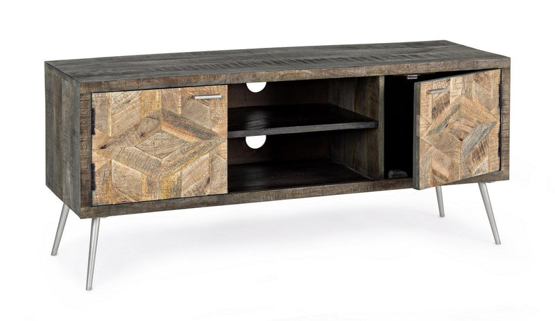 Mobile porta tv due ante laterali vani a giorno in legno di mango frontali intarsiati cm 125x40x55h