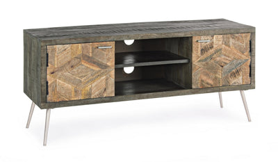 Mobile porta tv due ante laterali vani a giorno in legno di mango frontali intarsiati cm 125x40x55h
