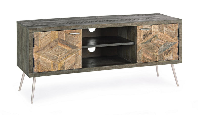 Mobile porta tv due ante laterali vani a giorno in legno di mango frontali intarsiati cm 125x40x55h