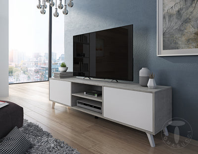 Mobile porta tv per living con ante e ribalta in legno bianco e cemento cm 180x40x49h