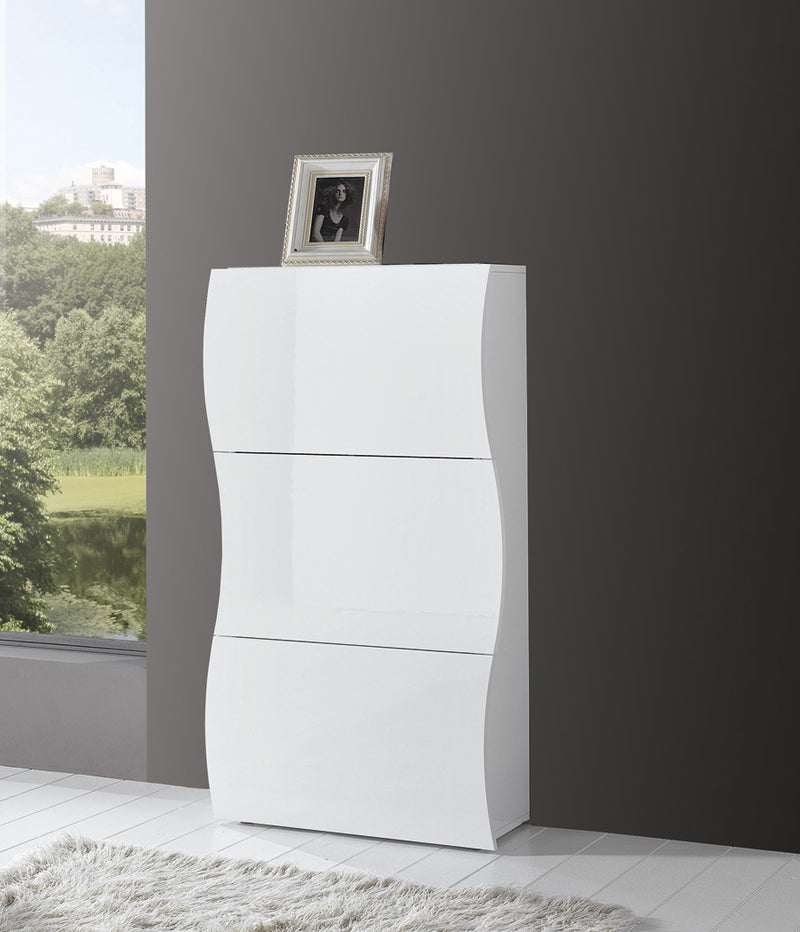 Tauriel - Scarpiera moderna design ondulato in legno bianco lucido 3 ante a ribalta cm 71x26x121h